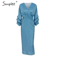 Load image into Gallery viewer, Simplee Sexy v-neck women dress Elegant polka dot print lantern sleeve female party dress Autumn slim ladies vintage midi dress