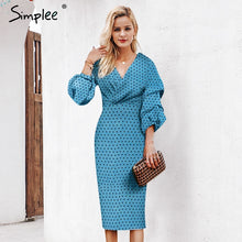 Load image into Gallery viewer, Simplee Sexy v-neck women dress Elegant polka dot print lantern sleeve female party dress Autumn slim ladies vintage midi dress