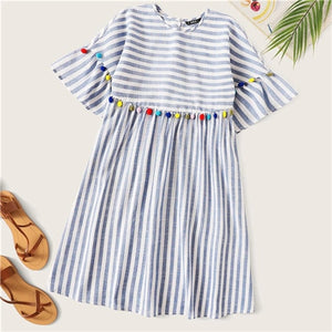 SHEIN Boho Cute Blue Colorful Pompom Detail Striped Smock Summer Dress –  Textile Baron