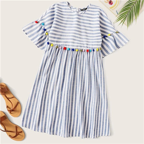 white christmas dresses SHEIN Boho Cute Blue Colorful Pompom Detail Striped Smock Summer Dress –  Textile Baron